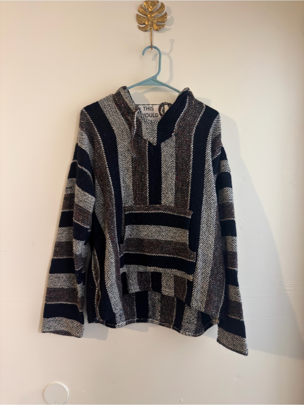 Unisex Striped Hooded Baja Sweater Pullover - Black & Gray